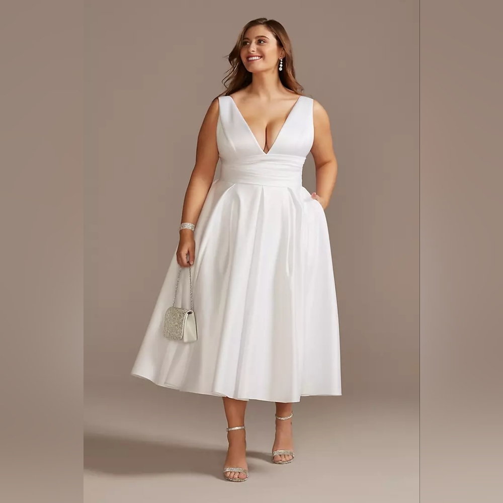 Satin V-Neck Tea Length A-Line Dress